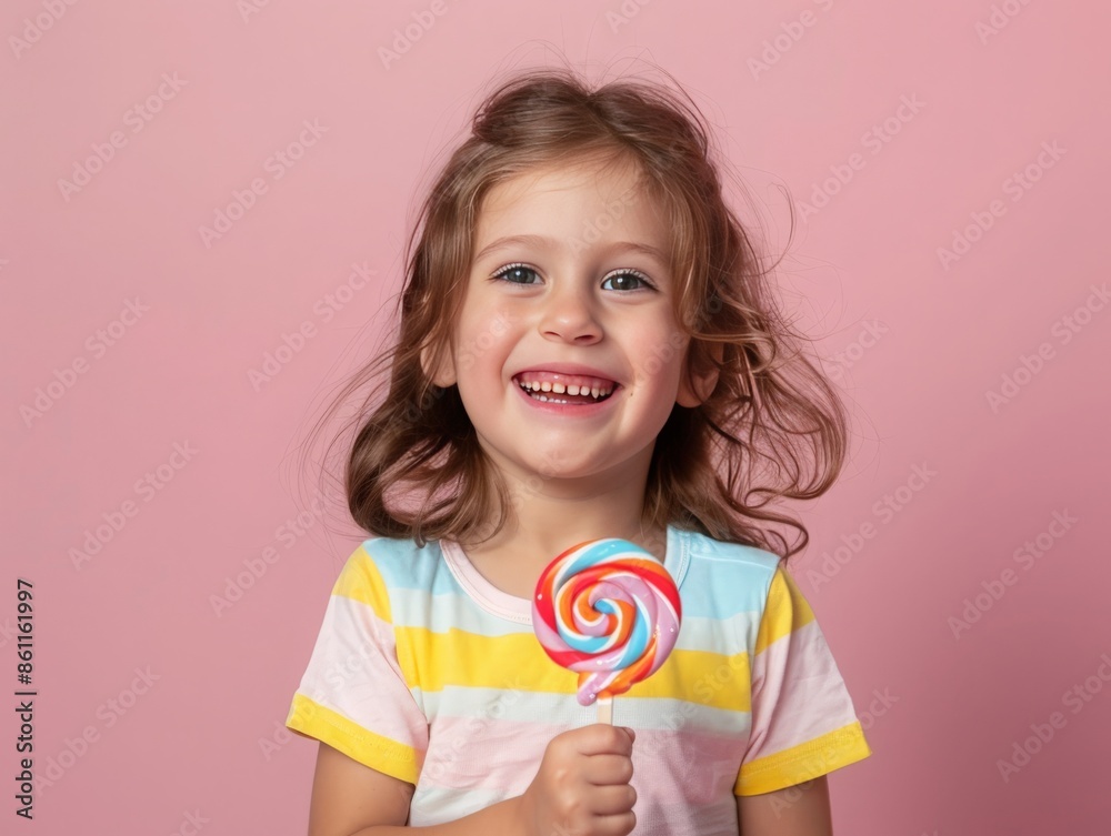 Child with a happy expression, holding a lollipop, against a plain pink background, capturing a moment of pure joy and cheerfulness Child with a happy expression, holding a lollipop, against a plain pink background, capturing a moment of pure joy and cheerfulness