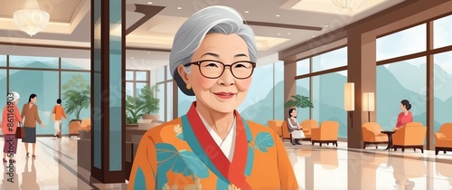 asian elder woman in hotel resort lobby retirement tra travel holiday lifestyle concept banner background photo