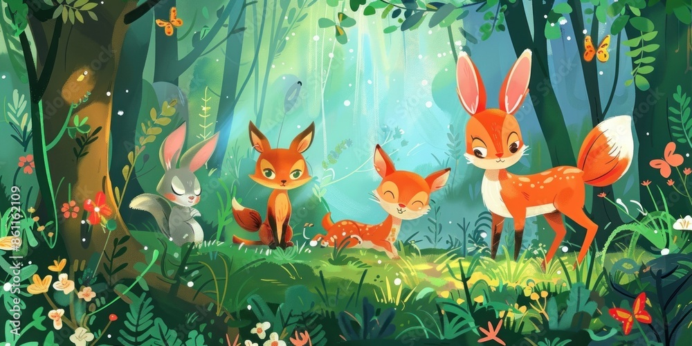 Cute Animal Friends in a Lush Forest Cute Animal Friends in a Lush Forest