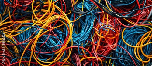 Wallpaper Mural Messy pile of colorful cables network chaos of multicolor wires red, blue, yellow,black cable wires. Copy space image. Place for adding text or design Torontodigital.ca