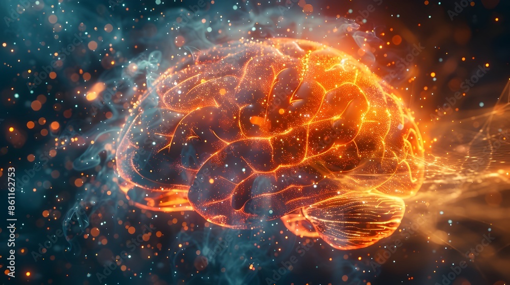 Glowing Abstract Brain with Vibrant Light Rays Symbolizing Bright Ideas and Creativity