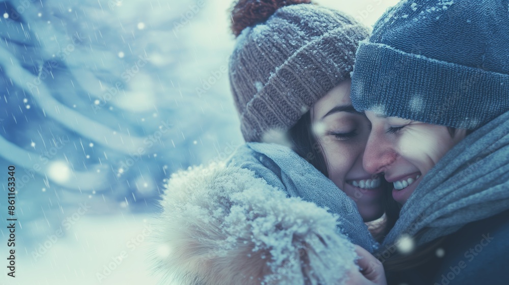 A couple cuddling closely in a snowy environment with snow gently falling around them, creating a serene and heartfelt winter scene. A couple cuddling closely in a snowy environment with snow gently falling around them, creating a serene and heartfelt winter scene.