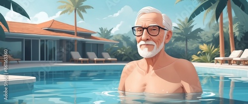 elder man in resort swimming pool tra travel holiday lifestyle concept banner background photo