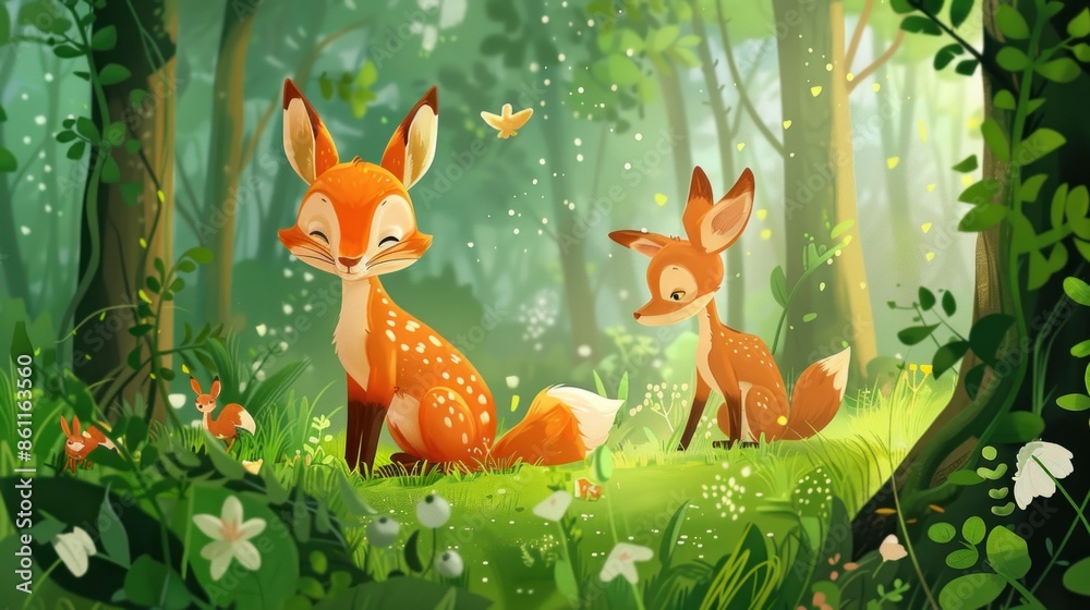 Two Deer Enjoying the Sunshine in a Lush Forest Two Deer Enjoying the Sunshine in a Lush Forest