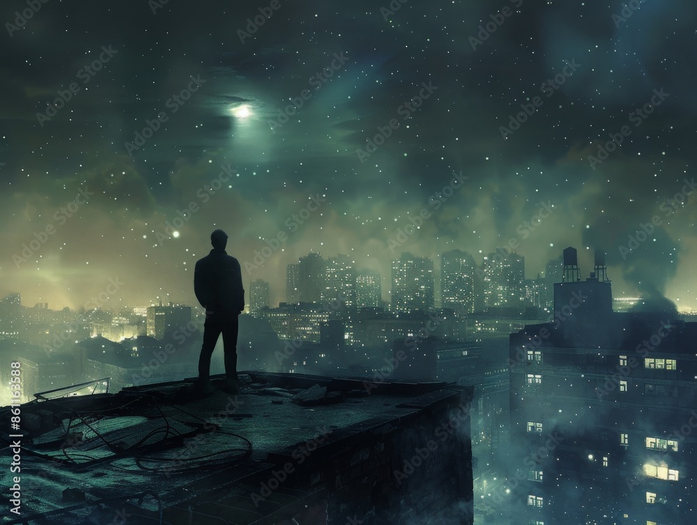 Man standing alone on a rooftop at night, looking out over the city with a lost, forlorn expression, representing deep depression and a sense of disconnection Man standing alone on a rooftop at night, looking out over the city with a lost, forlorn expression, representing deep depression and a sense of disconnection