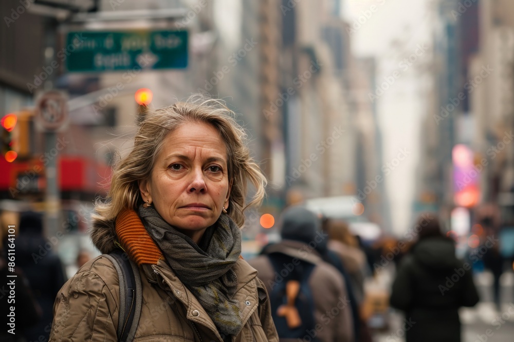 Middle aged woman in a busy city street, looking lost and anxious, with tall buildings and bustling crowds in the background Middle aged woman in a busy city street, looking lost and anxious, with tall buildings and bustling crowds in the background