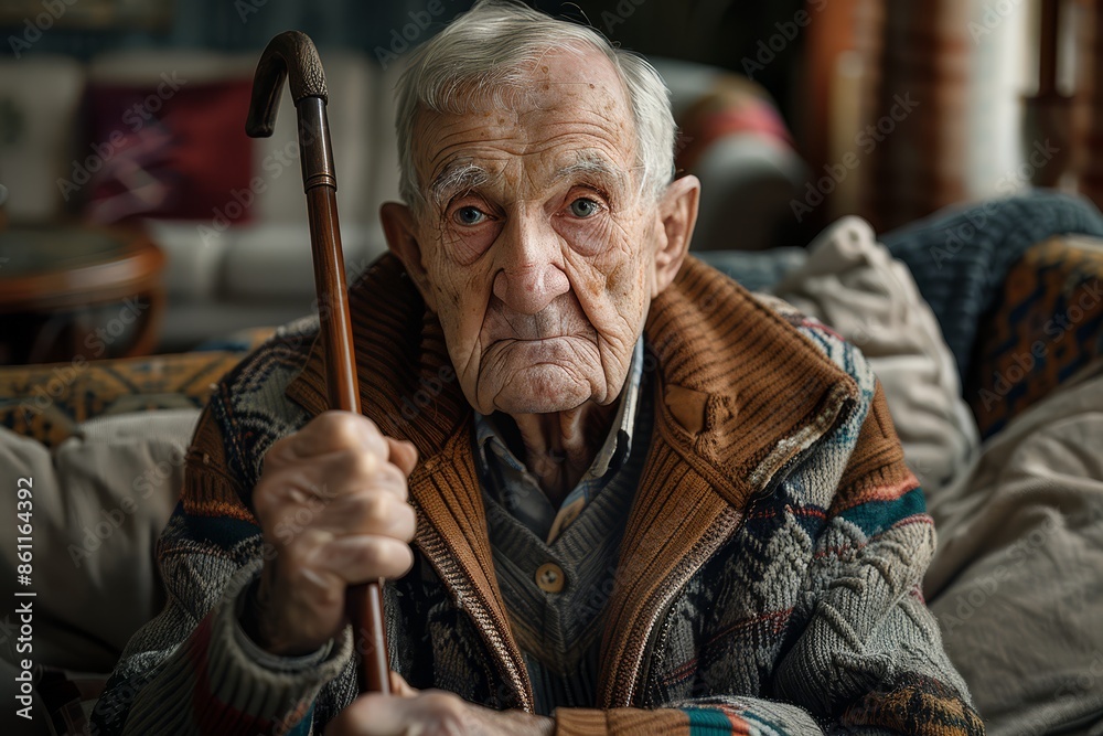 An elderly man with a cane sits in a chair and stares at the camera. He has a look of determination on his face.