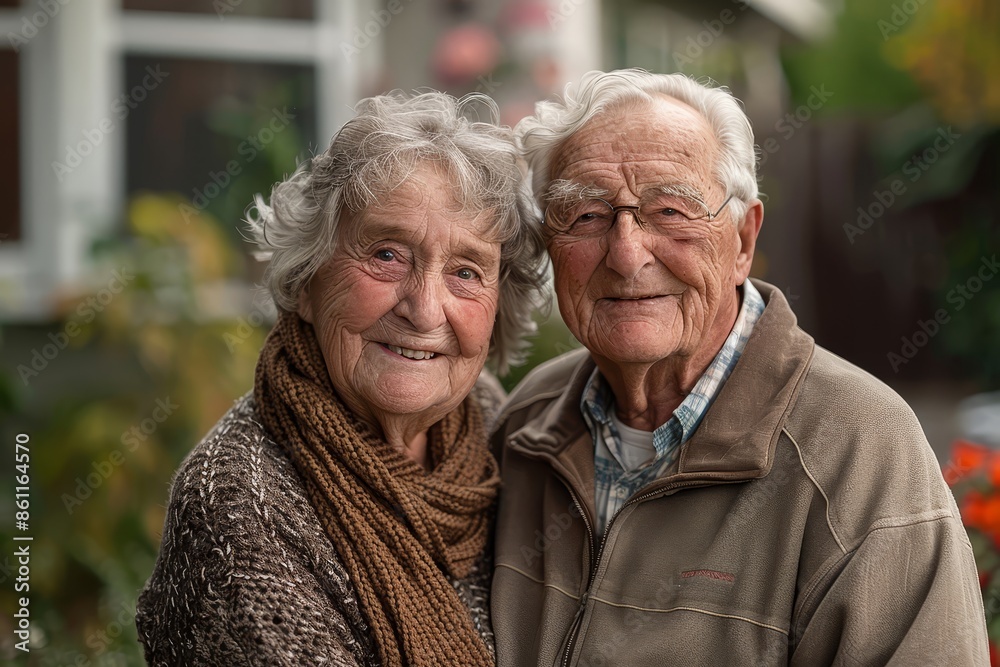 An elderly couple is smiling and looking at the camera An elderly couple is smiling and looking at the camera