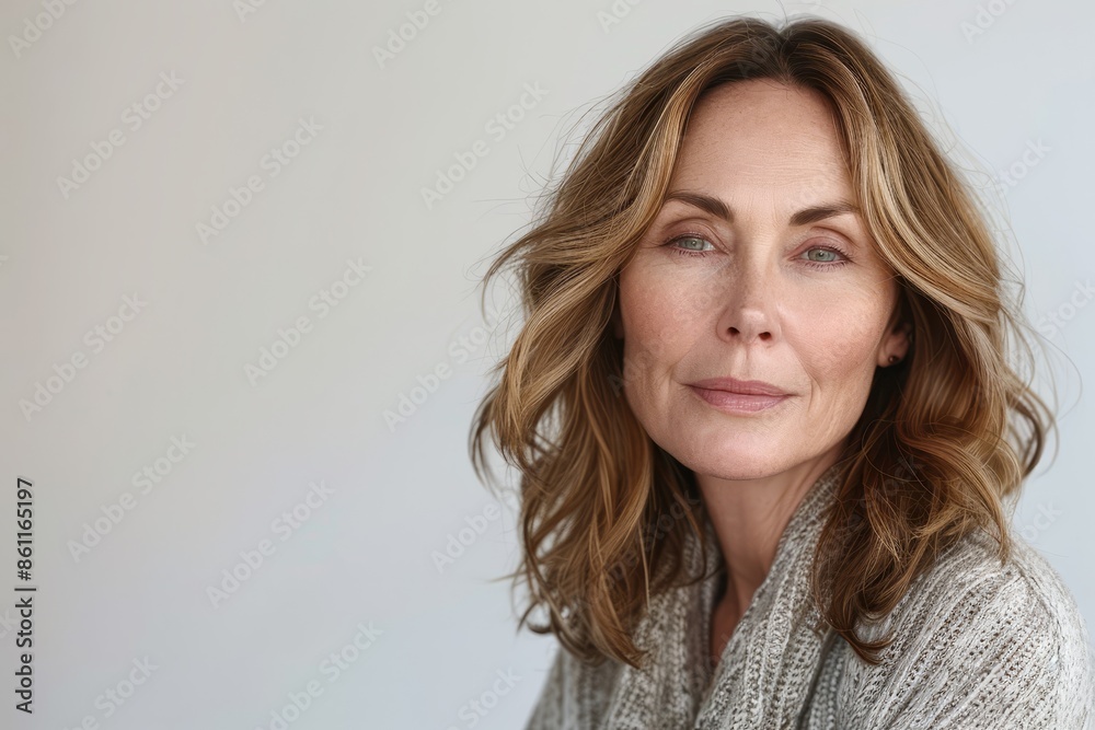 Close-up portrait of a beautiful middle-aged woman with long, wavy hair and a warm smile. She is wearing a soft, gray sweater and has a serene expression on her face.