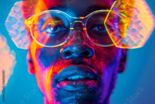 Portrait of young african ethnicity man through hexagonal prism filter. Metaverse and Web3.0 concept.