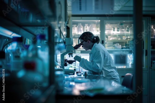 Scientist is intensely focused, analyzing samples with a microscope in a lab filled with advanced equipment AIG58 photo