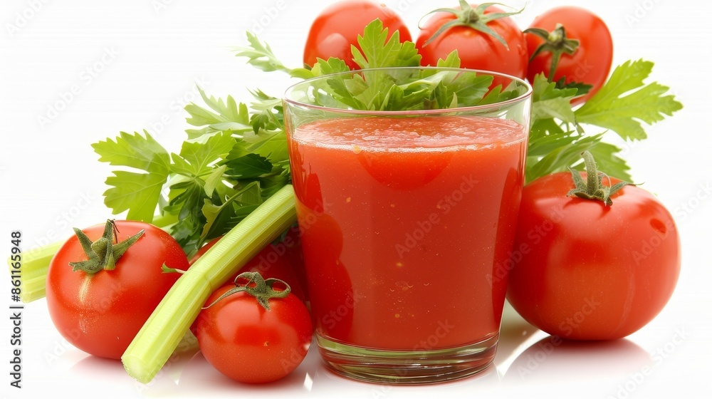 Glass of fresh tomato juice with celery and tomatoes on white background, side view Glass of fresh tomato juice with celery and tomatoes on white background, side view