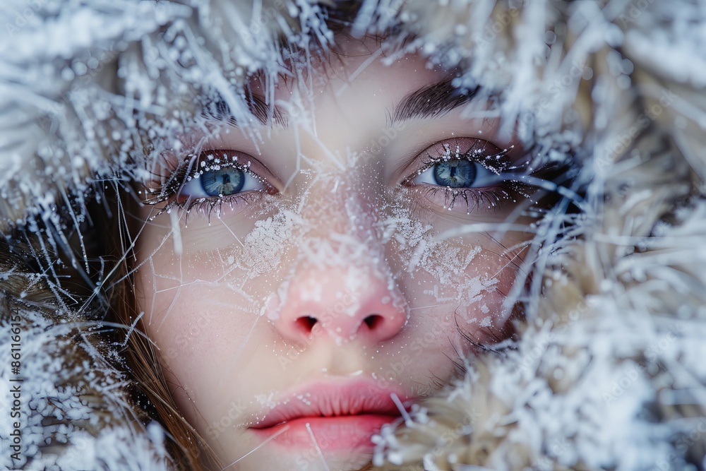 Woman with snowflakes on her eyelashes and hair, wearing a fur-lined hood, her rosy cheeks highlighting the cold temperature Woman with snowflakes on her eyelashes and hair, wearing a fur-lined hood, her rosy cheeks highlighting the cold temperature