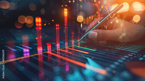 Close-up of analysis of work with the latest financial results, graphical analysis, forecasting financial account sales by handwriting, abstract digital results for background.