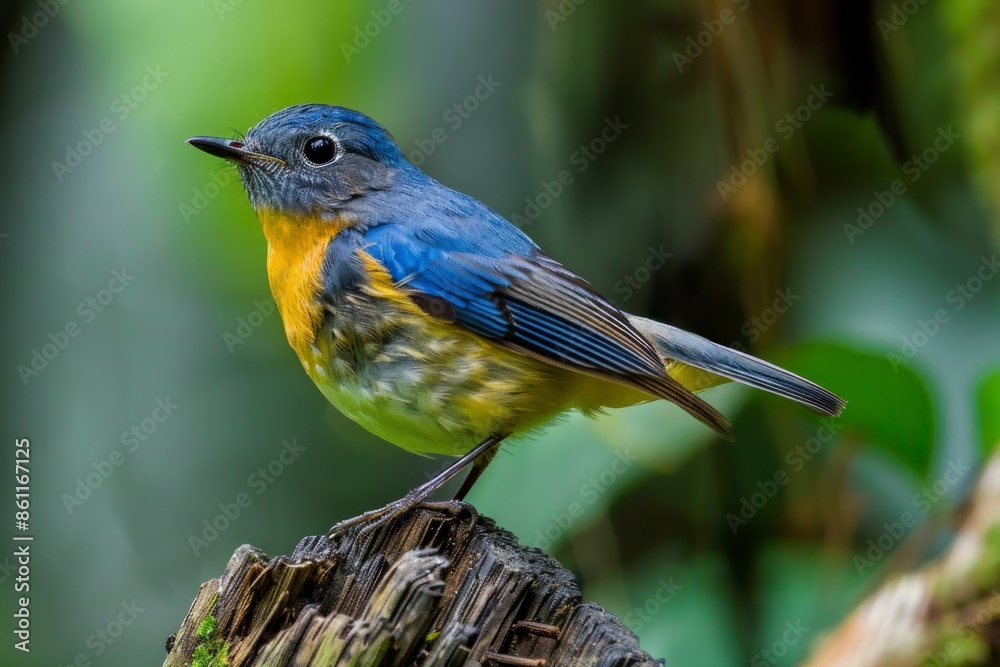 Siberian Blue Robin,Close-up of songbird perching on wood,In the rain forest of Thailand Siberian Blue Robin,Close-up of songbird perching on wood,In the rain forest of Thailand