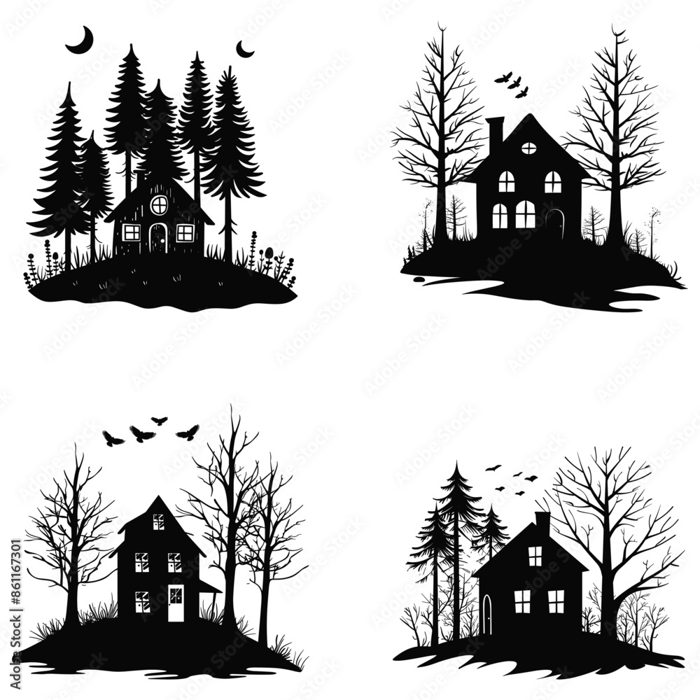 Obraz premium Haunted House Silhouettes in Forest and Countryside Settings