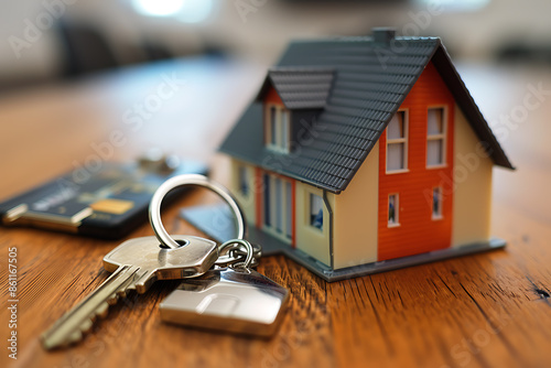 A miniature toy house with apartment keys on a table, representing homeownership and real estate