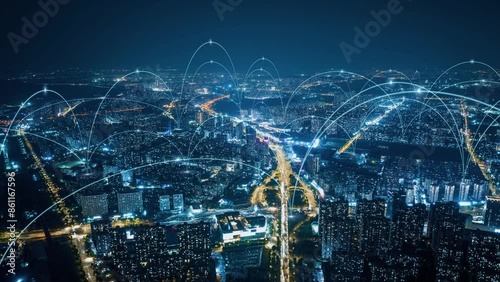 smart Connected city skyline. Futuristic network concept, city Technology