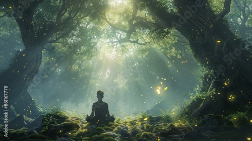 Serene mind oasis: a tranquil forest setting with a person meditating, symbolizing peace and mental rejuvenation