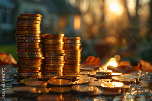 A bank brimming with coins placed on an outdoor table, featuring a house and a bokeh effect in the background