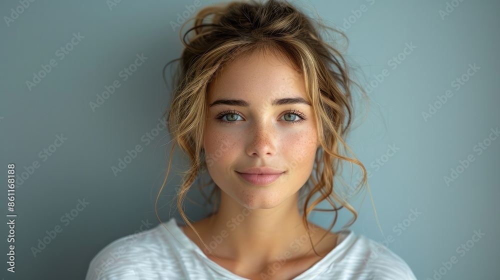 portrait of young Caucasian woman with teeth smile in plain white t-shirt isolated on blue solid background, studio shot, mockup, copy space, advertising. portrait of young Caucasian woman with teeth smile in plain white t-shirt isolated on blue solid background, studio shot, mockup, copy space, advertising.