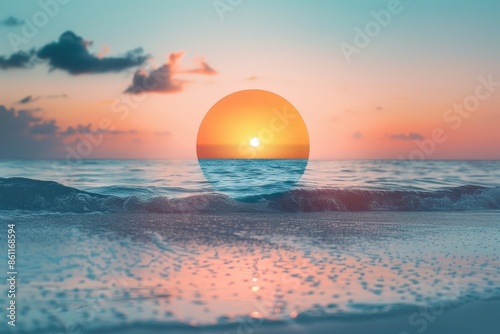 Clear and colorful minimalist logo in the form of a circle, contrasted against a blurred beach photograph photo