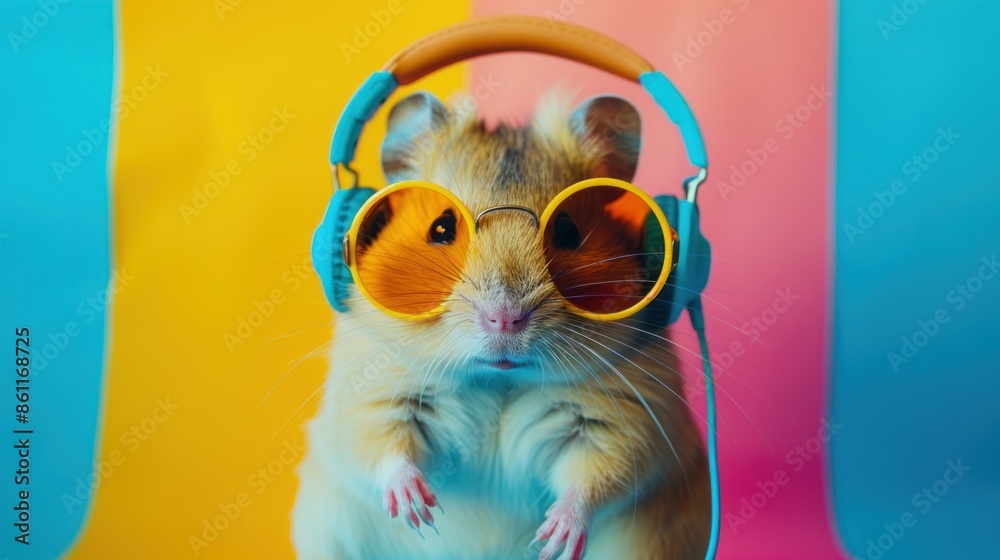 Fototapeta premium hamster sunglasses Listen to music on wireless headphones