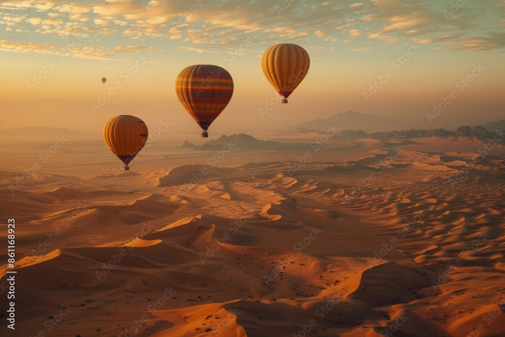 Hot Air Balloons Soaring Over Desert Dunes Hot Air Balloons Soaring Over Desert Dunes
