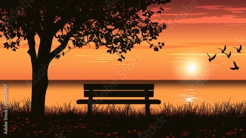 Sunset Silhouette with a Lonely Bench © ellisa_studio