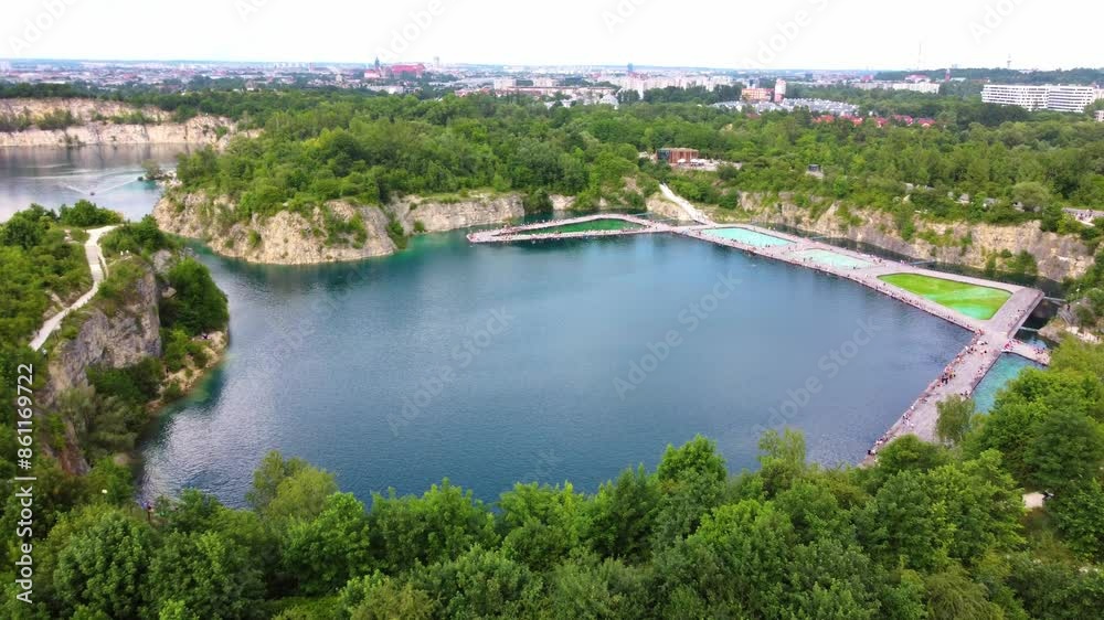 Zakrzowek Reservoir And Swimming Pool In Krakow, Poland - Aerial Drone Shot Zakrzowek Reservoir And Swimming Pool In Krakow, Poland - Aerial Drone Shot