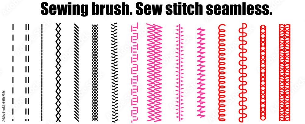 © Subhan - Sewing stitches zigzag seamless elements. Overlock embroidery seams. Vector. Set of machine thread sew brushes. Simple graphic illustration. Line border