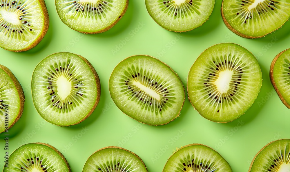 Fototapeta premium Vibrant kiwis slice on a fresh green background , Generative AI