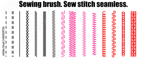 Sewing stitches zigzag seamless elements. Overlock embroidery seams. Vector. Set of machine thread sew brushes. Simple graphic illustration. Line border
