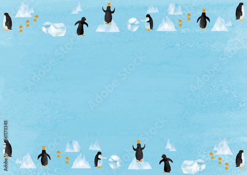 水彩風　氷とペンギンと足跡フレーム