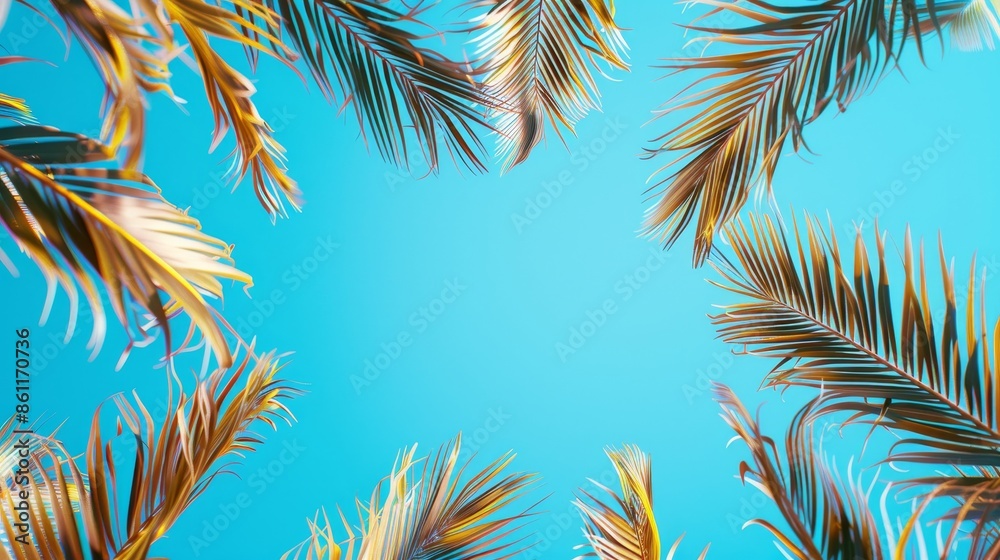Tropical palm fronds border creating space for text, nature inspired background frame