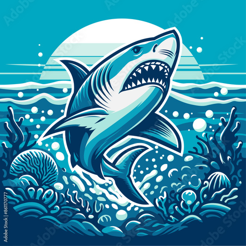 furious shark in blue coral reef in a flat vector illustration style good for animation, tshirt print, sticker and graphics