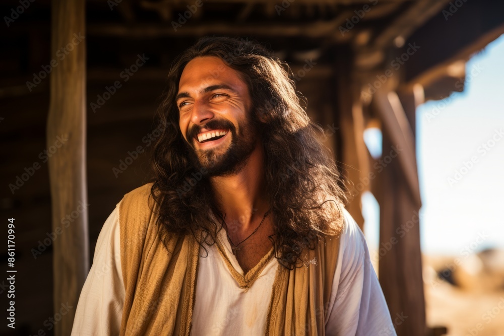 Joyful man with long hair smiling under rustic wooden structure Joyful man with long hair smiling under rustic wooden structure