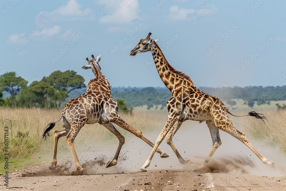 Obraz premium Two male giraffes fight by swinging necks and stabbing with horns. side view facing right wide view with whole giraffe and legs showing. 