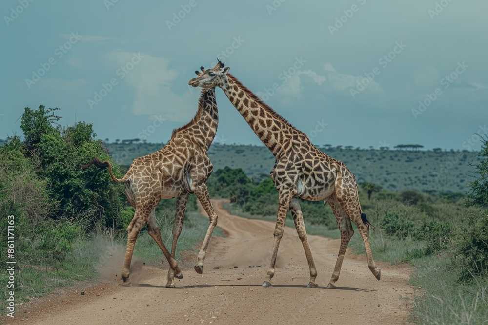 Obraz premium Two male giraffes fight by swinging necks and stabbing with horns. side view facing right wide view with whole giraffe and legs showing. 