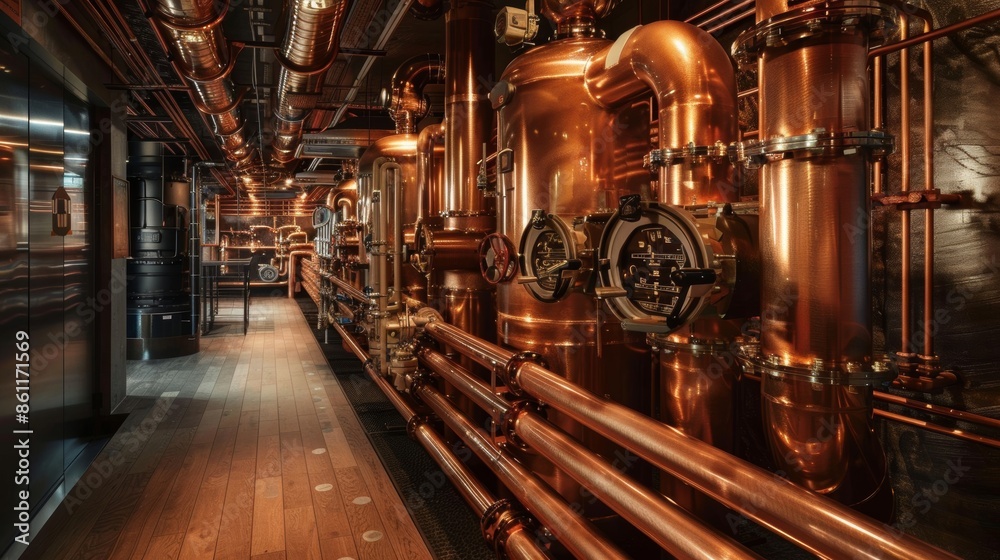 Close-up of fire protection piping in a room, featuring copper-colored pipes Close-up of fire protection piping in a room, featuring copper-colored pipes