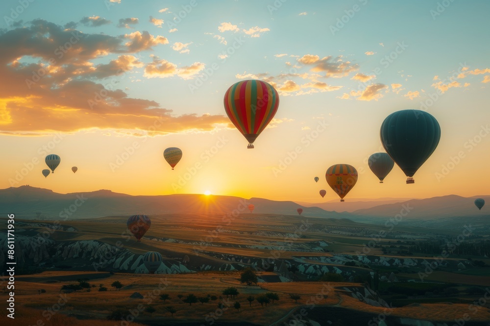 Naklejka premium Hot Air Balloons Soaring Over Cappadocia at Sunrise