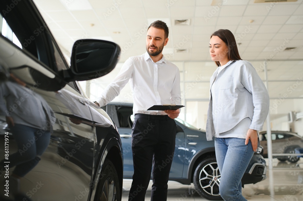 Smiling car seller standing in car salon with customer and showing around cars on sale Smiling car seller standing in car salon with customer and showing around cars on sale