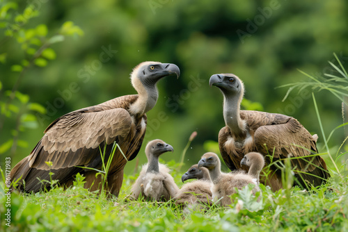 Griffon vulture family relaxing in green grass