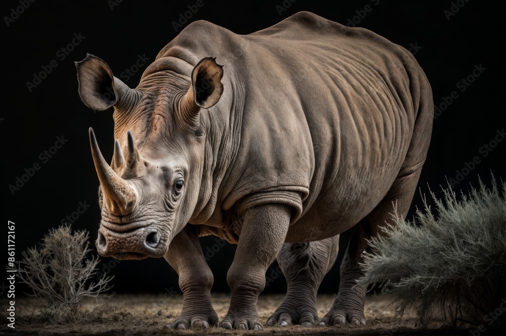 Obraz premium Rhinoceros standing on dry ground with detailed skin texture