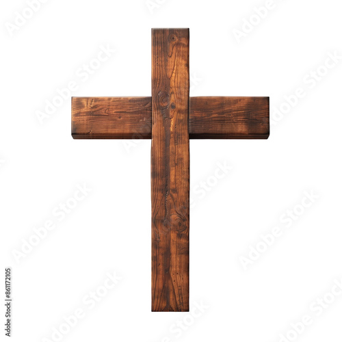Wooden cross with natural grain, isolated on white background. photo