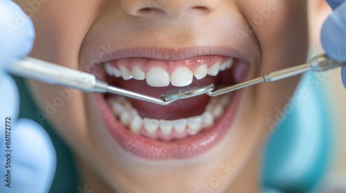 Young smiling patient little asian boy with perfect teeth in dentist chair undergoing dental treatment with dental tools closeup Blue and violet toning photo