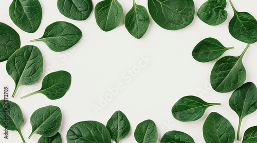 Elegant spinach frame featuring fresh spinach leaves with delicate veins and vibrant green hues, perfect for a natural and wholesome look on a white background