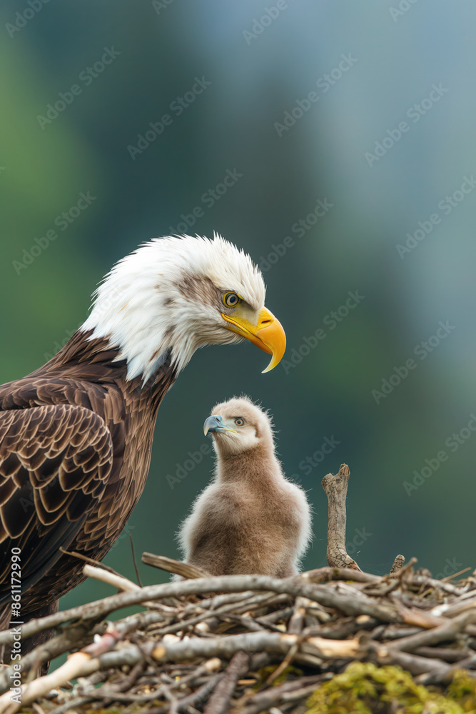 Obraz premium Bald eagle parent guarding its young chick in nest