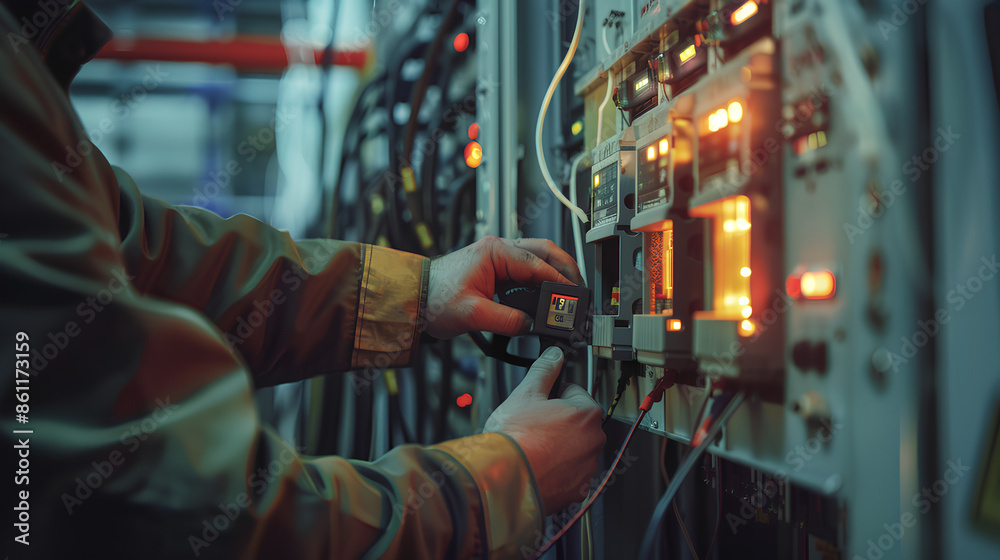 Electricity and electrical maintenance service, Engineer hand holding AC voltmeter checking electric current voltage at circuit breaker terminal and cable wiring main power distribution board Electricity and electrical maintenance service, Engineer hand holding AC voltmeter checking electric current voltage at circuit breaker terminal and cable wiring main power distribution board