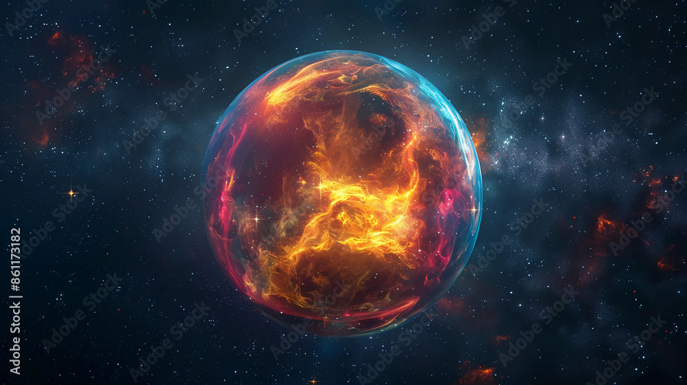 3D Spectacular cosmic cloud explosion within transparent sphere with yellow background. Nebula and stars in space concept with yellow neon. Abstract wallpaper and creative design, AI Generative. 3D Spectacular cosmic cloud explosion within transparent sphere with yellow background. Nebula and stars in space concept with yellow neon. Abstract wallpaper and creative design, AI Generative.